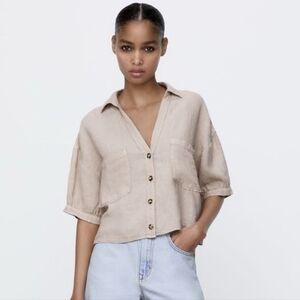 Zara Beige Cropped Button-Up Shirt 100% Linen
